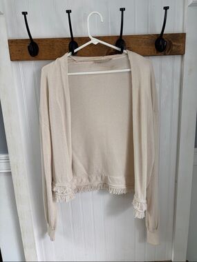 LOFT Cream Open-Front Fringe-Hem Cardigan